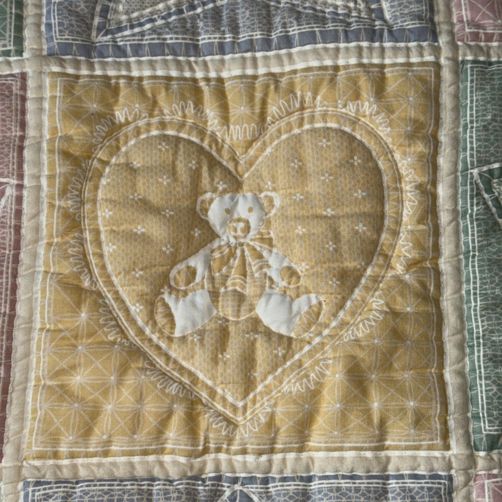 Handmade Teddy Bear Baby Quilt Pastel Crib Blanket Nursery 56x37 Vtg Cottagecore - Picture 5 of 16